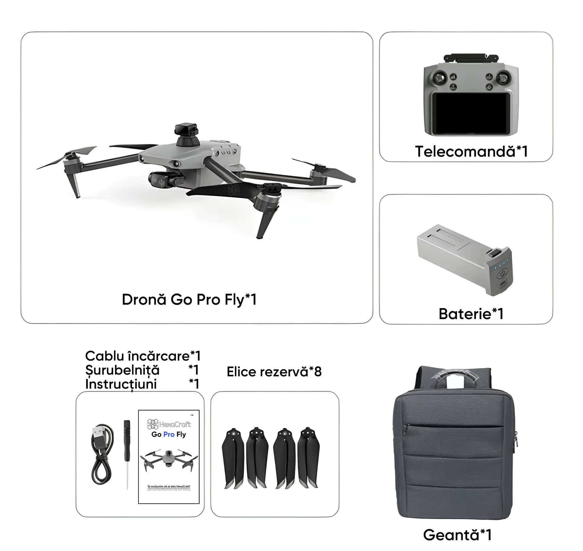 Drona profesionala pentru incepatori sau avansati, HexaCraft, Model GO PRO FLY, Tip Aeronava QuadCopter, Camera 4K UHD, Carlig de prindere si transport, distanta de operare 4KM, timp de zbor 45 minute, telecomanda cu display integrat